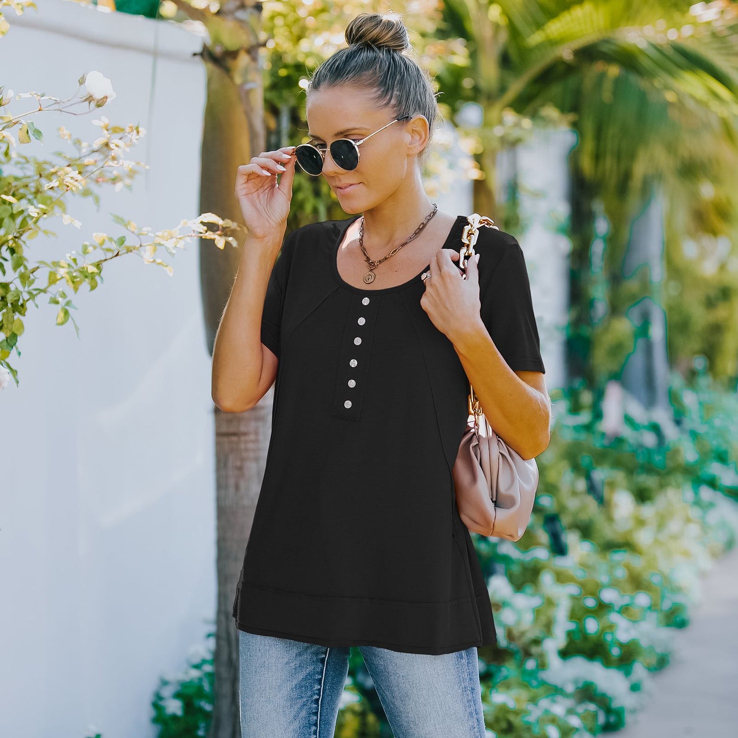 Summer Solid Color Round Neck Decorative Button Short Sleeve Shirt Tops