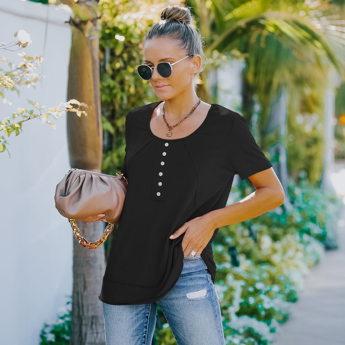 Summer Solid Color Round Neck Decorative Button Short Sleeve Shirt Tops
