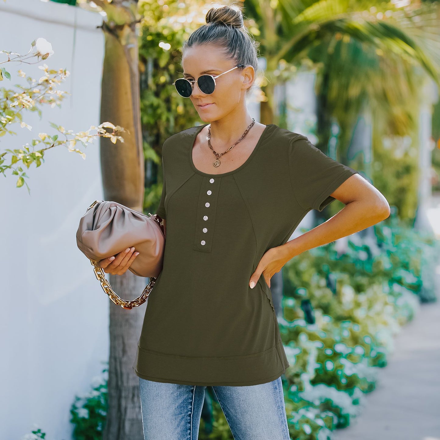 Summer Solid Color Round Neck Decorative Button Short Sleeve Shirt Tops