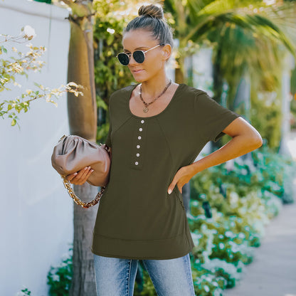 Summer Solid Color Round Neck Decorative Button Short Sleeve Shirt Tops