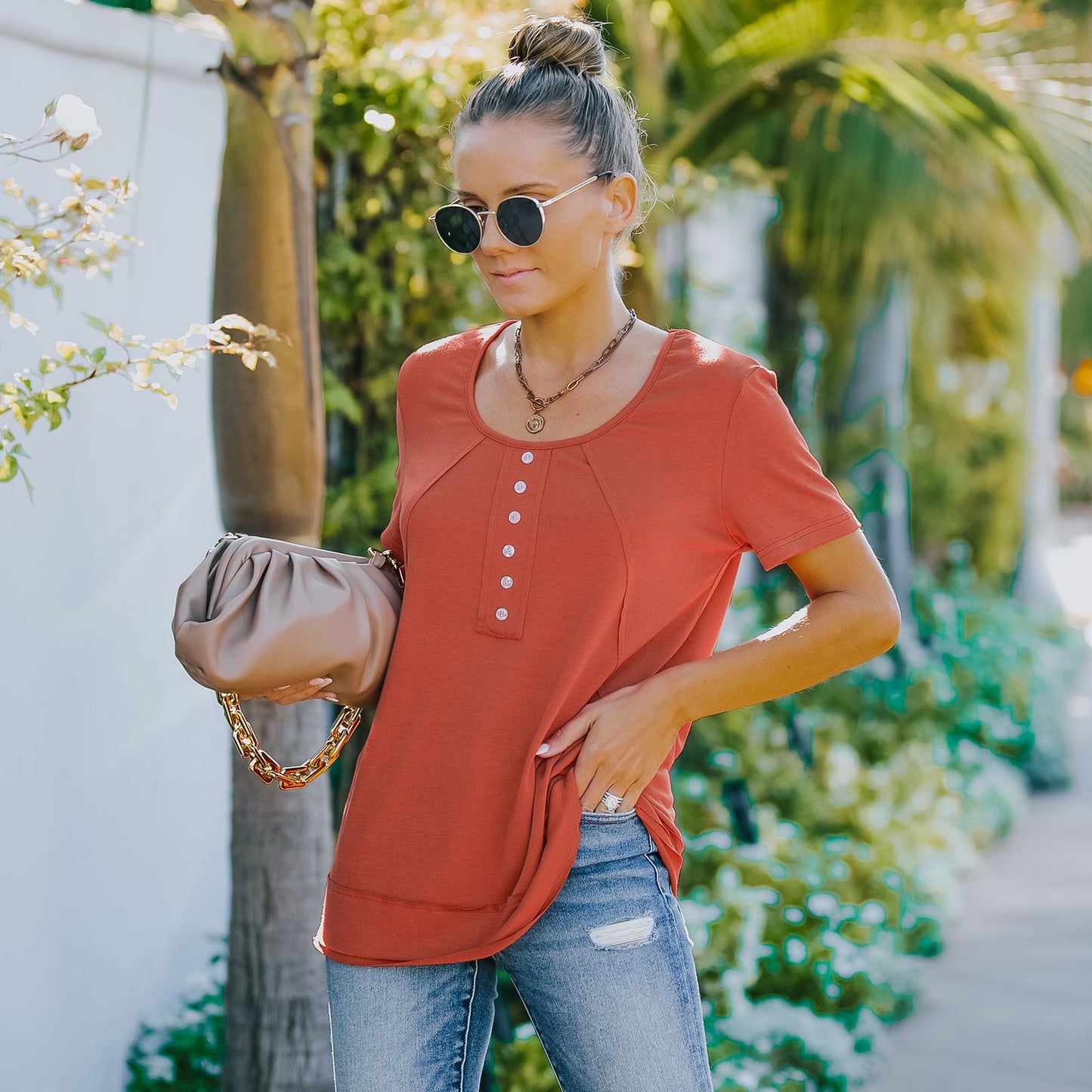 Summer Solid Color Round Neck Decorative Button Short Sleeve Shirt Tops
