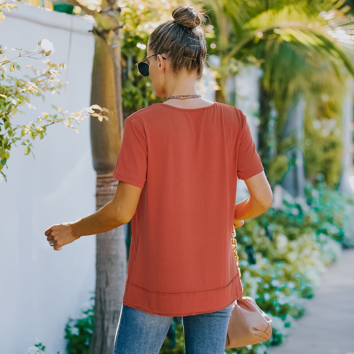 Summer Solid Color Round Neck Decorative Button Short Sleeve Shirt Tops