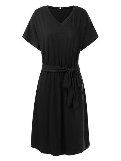 Anna-Kaci Women's Summer V-Neck Solid Short Sleeve T Shirt Dress Casual Tie Waist Skirt
