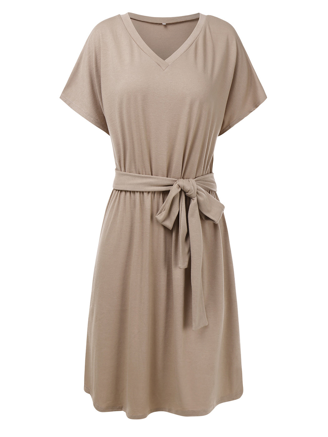 Vestido camisero de manga corta con escote en V y estampado liso de Anna-Kaci para mujer, informal, con cintura anudada