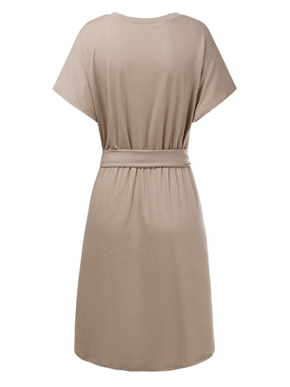 Anna-Kaci Women's Summer V-Neck Solid Short Sleeve T Shirt Dress Casual Tie Waist Skirt