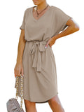 Vestido camisero de manga corta con escote en V y estampado liso de Anna-Kaci para mujer, informal, con cintura anudada