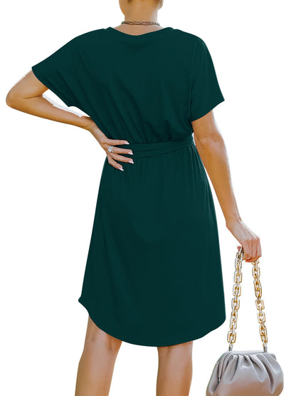 Anna-Kaci Women's Summer V-Neck Solid Short Sleeve T Shirt Dress Casual Tie Waist Skirt