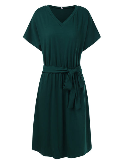 Anna-Kaci Women's Summer V-Neck Solid Short Sleeve T Shirt Dress Casual Tie Waist Skirt