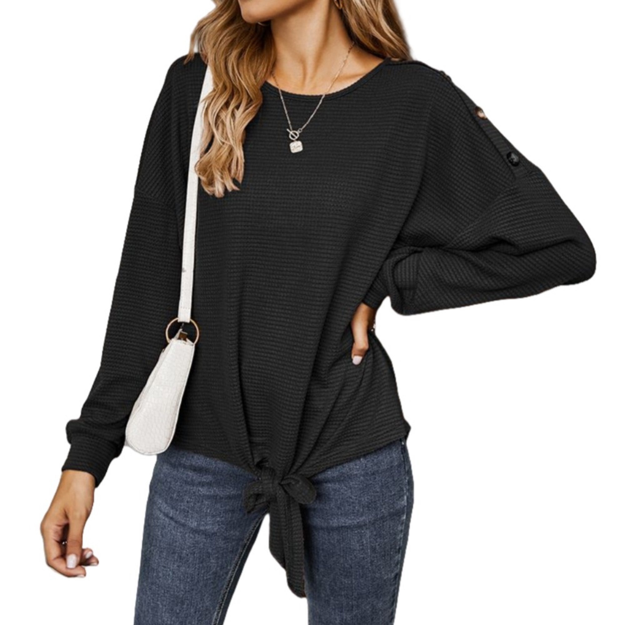 Anna-Kaci Women's Long Sleeve Waffle Knit Pullover Top with Shoulder Button Detail and Front Tie Hem