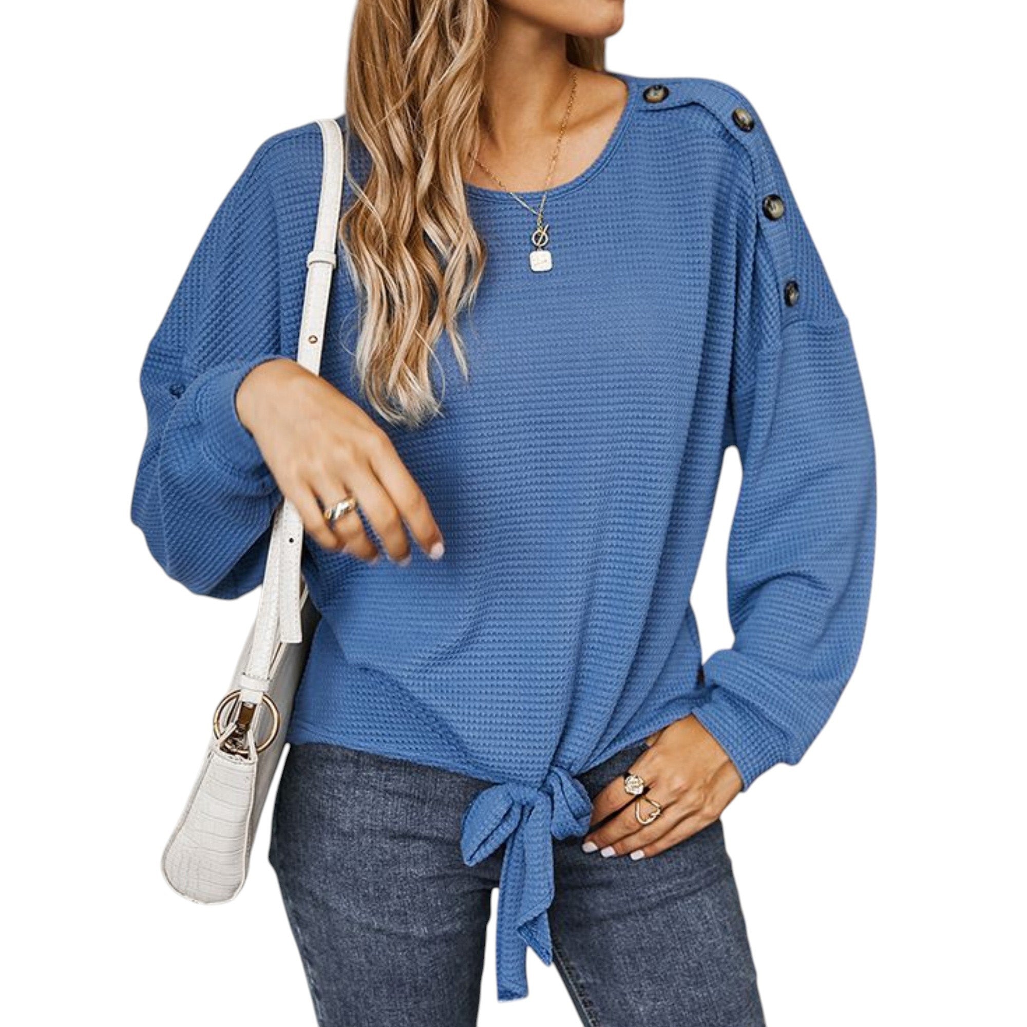 Anna-Kaci Women's Long Sleeve Waffle Knit Pullover Top with Shoulder Button Detail and Front Tie Hem