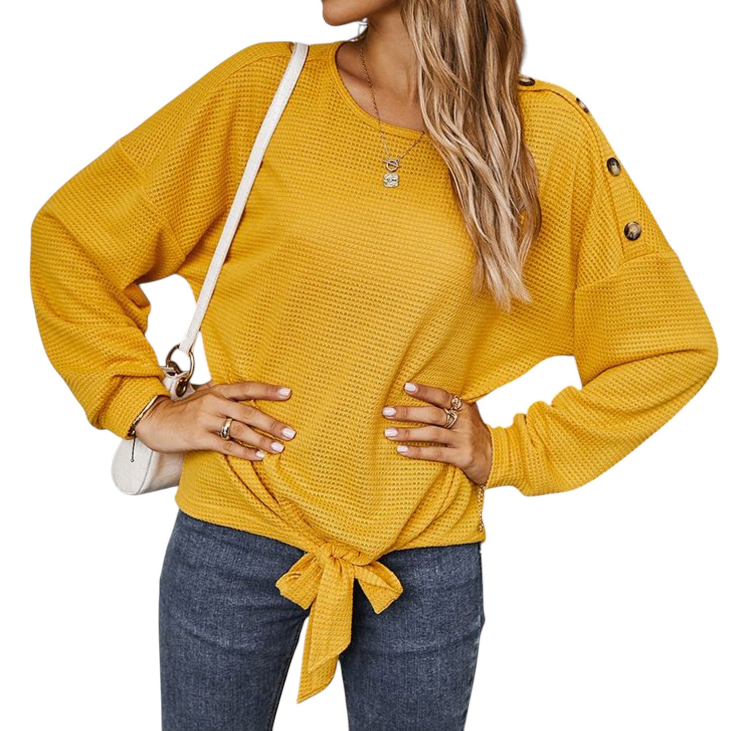 Anna-Kaci Women's Long Sleeve Waffle Knit Pullover Top with Shoulder Button Detail and Front Tie Hem