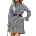 Anna-Kaci Women's Long Sleeve Mini Dress with Keyhole Tie Neck Ruffle Hem and Belted Waist Detail