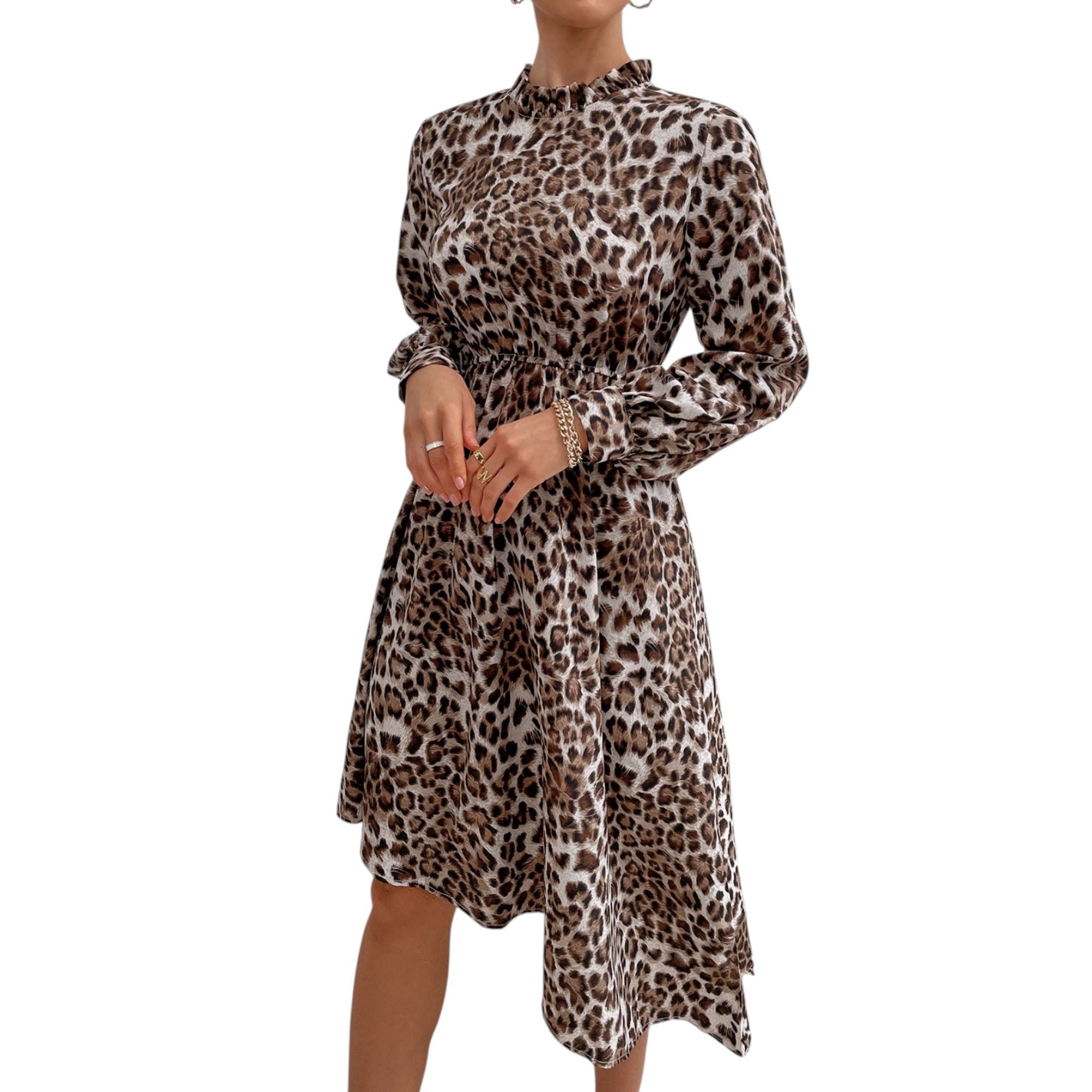 Anna-Kaci Women's Long Sleeve Leopard Print Midi Dress with High Neckline and Asymmetrical Hem