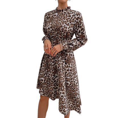 Anna-Kaci Women's Long Sleeve Leopard Print Midi Dress with High Neckline and Asymmetrical Hem
