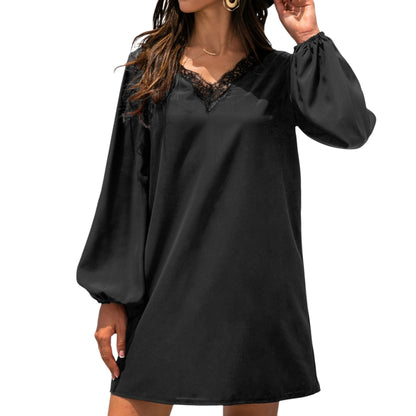 Anna-Kaci Women's Long Sleeve Mini Shift Dress with V-Neckline and Lace Trim Detail