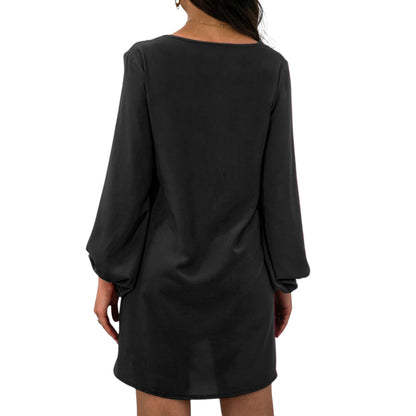 Anna-Kaci Women's Long Sleeve Mini Shift Dress with V-Neckline and Lace Trim Detail
