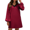 Anna-Kaci Women's Long Sleeve Mini Shift Dress with V-Neckline and Lace Trim Detail