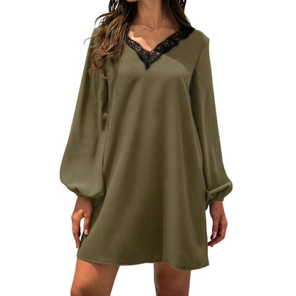Anna-Kaci Women's Long Sleeve Mini Shift Dress with V-Neckline and Lace Trim Detail
