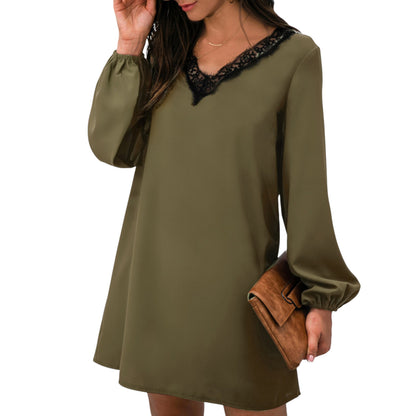 Anna-Kaci Women's Long Sleeve Mini Shift Dress with V-Neckline and Lace Trim Detail