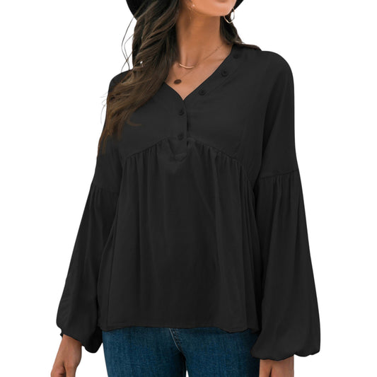 Anna-Kaci Women's Long Sleeve Button Front Peasant Top with Gathered Waist and Flowy Fit
