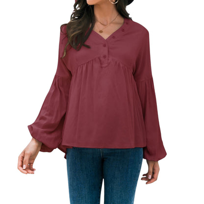 Anna-Kaci Women's Long Sleeve Button Front Peasant Top with Gathered Waist and Flowy Fit