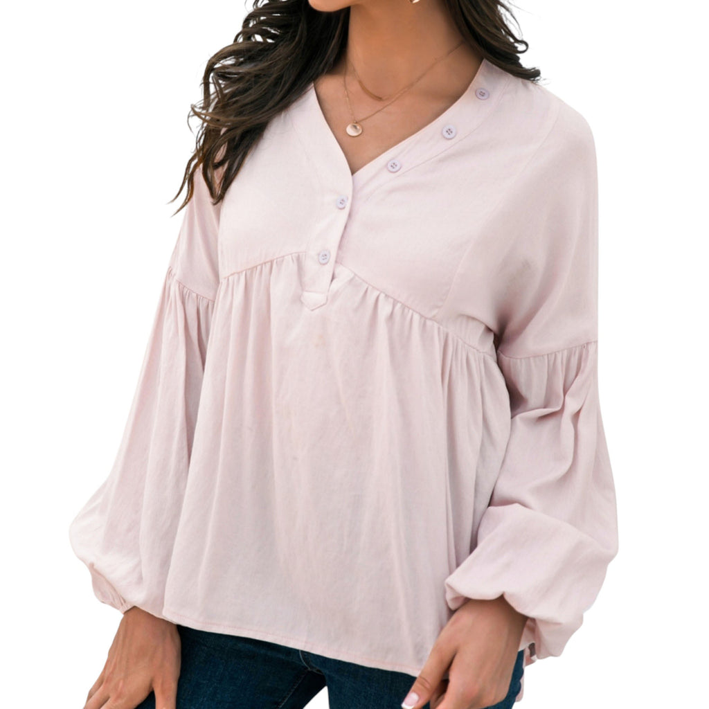 Anna-Kaci Women's Long Sleeve Button Front Peasant Top with Gathered Waist and Flowy Fit