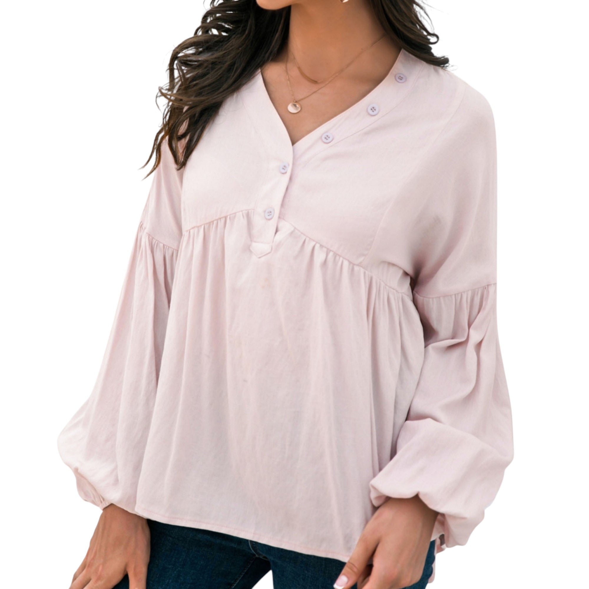Anna-Kaci Women's Long Sleeve Button Front Peasant Top with Gathered Waist and Flowy Fit