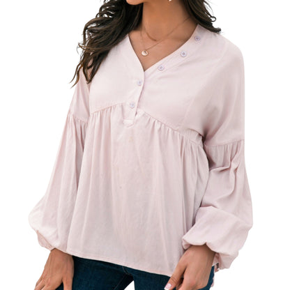 Anna-Kaci Women's Long Sleeve Button Front Peasant Top with Gathered Waist and Flowy Fit