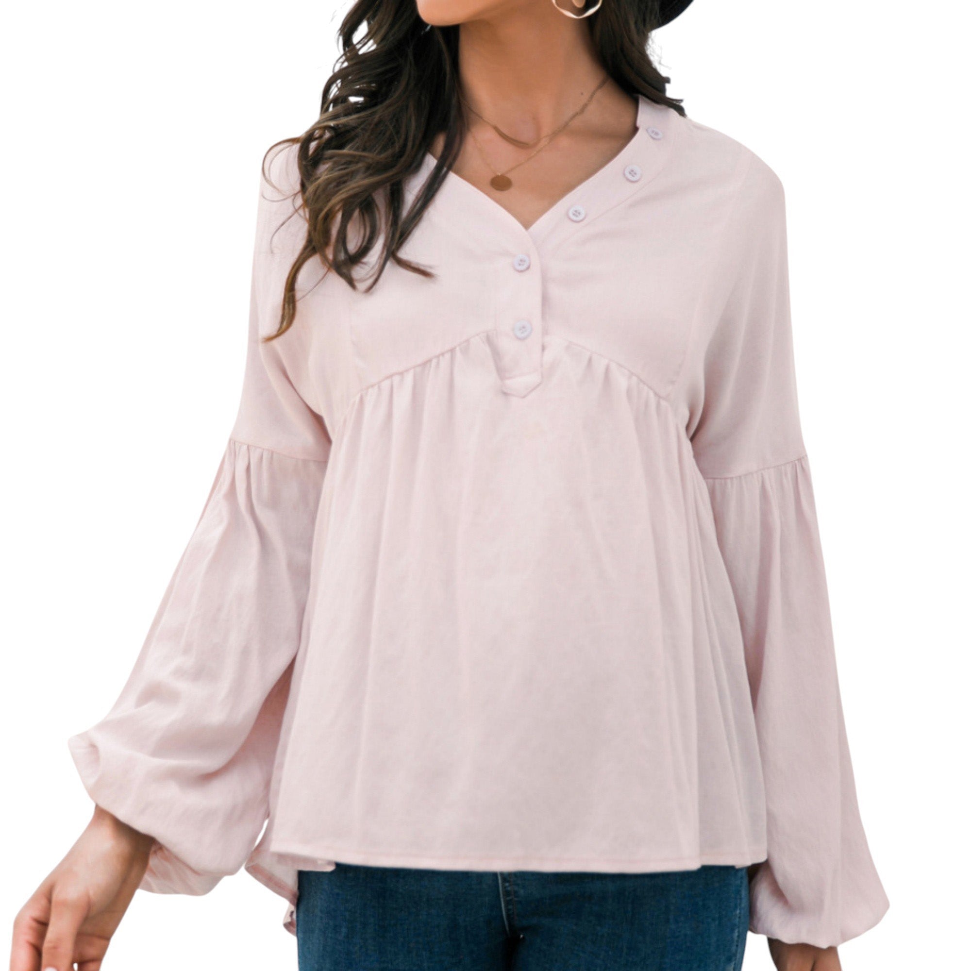 Anna-Kaci Women's Long Sleeve Button Front Peasant Top with Gathered Waist and Flowy Fit