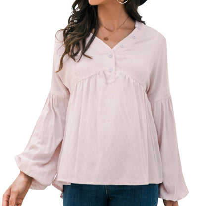 Anna-Kaci Women's Long Sleeve Button Front Peasant Top with Gathered Waist and Flowy Fit