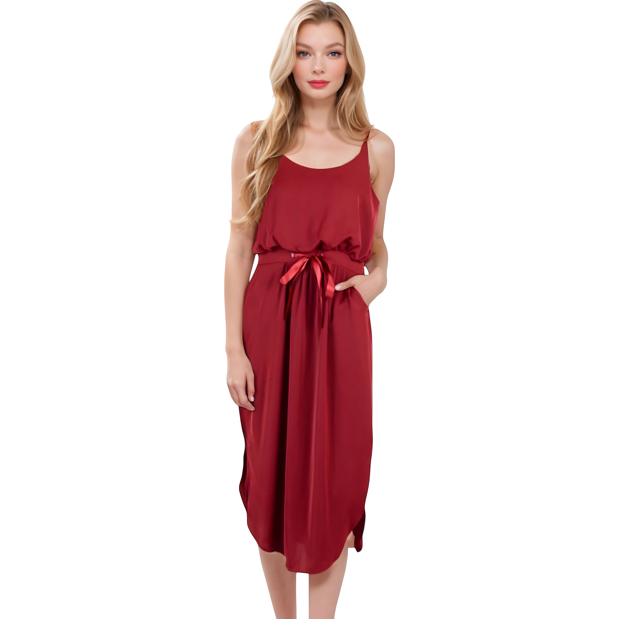 Anna-Kaci Women's Spaghetti Midi Dress with Satin Bow Tie Waist and Side Slits