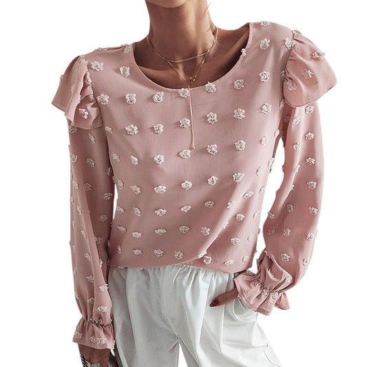 Anna-Kaci Women's Long Sleeve Textured Blouse with Raised Floral Details and Shoulder Ruffle Accents