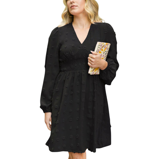 Anna-Kaci Women's Swiss Dot Long Sleeve Mini Dress with Smocked Waist and V-Neckline