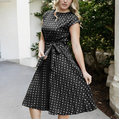 Anna-Kaci Women's Polka Dot Midi Dress with Cap Sleeves Pleated Skirt and Waist Tie Belt