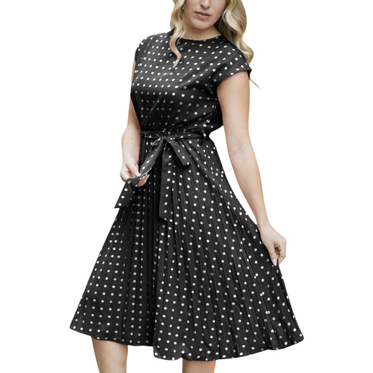 Anna-Kaci Women's Polka Dot Midi Dress with Cap Sleeves Pleated Skirt and Waist Tie Belt