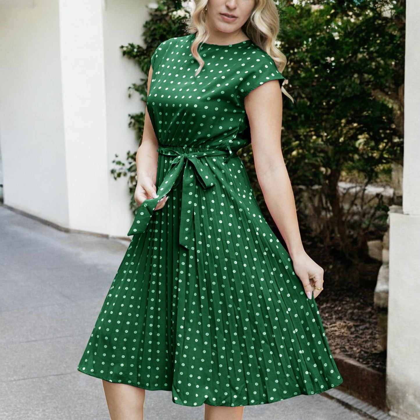 Anna-Kaci Women's Polka Dot Midi Dress with Cap Sleeves Pleated Skirt and Waist Tie Belt