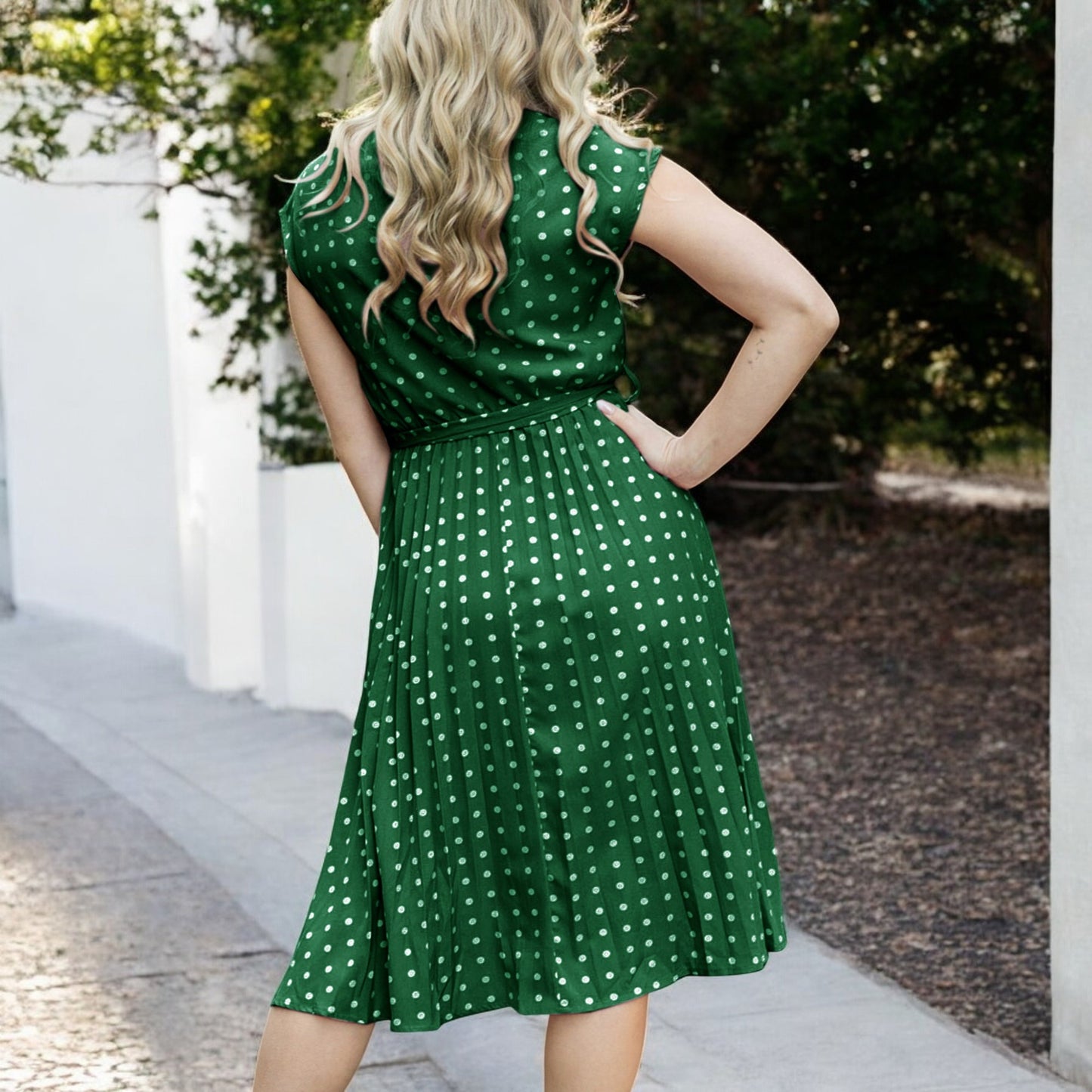 Anna-Kaci Women's Polka Dot Midi Dress with Cap Sleeves Pleated Skirt and Waist Tie Belt