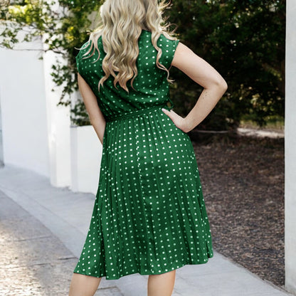 Anna-Kaci Women's Polka Dot Midi Dress with Cap Sleeves Pleated Skirt and Waist Tie Belt