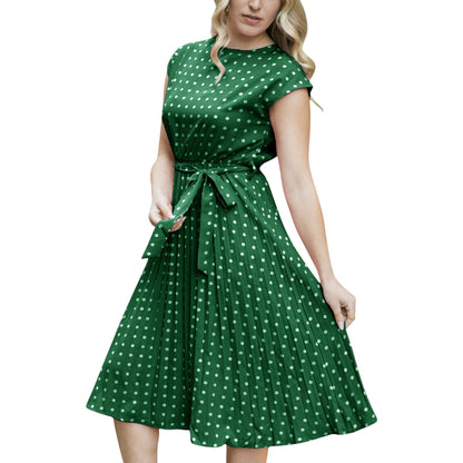 Anna-Kaci Women's Polka Dot Midi Dress with Cap Sleeves Pleated Skirt and Waist Tie Belt