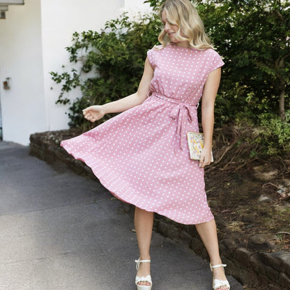 Anna-Kaci Women's Polka Dot Midi Dress with Cap Sleeves Pleated Skirt and Waist Tie Belt