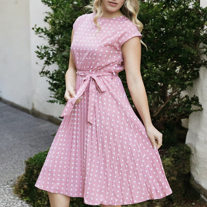 Anna-Kaci Women's Polka Dot Midi Dress with Cap Sleeves Pleated Skirt and Waist Tie Belt