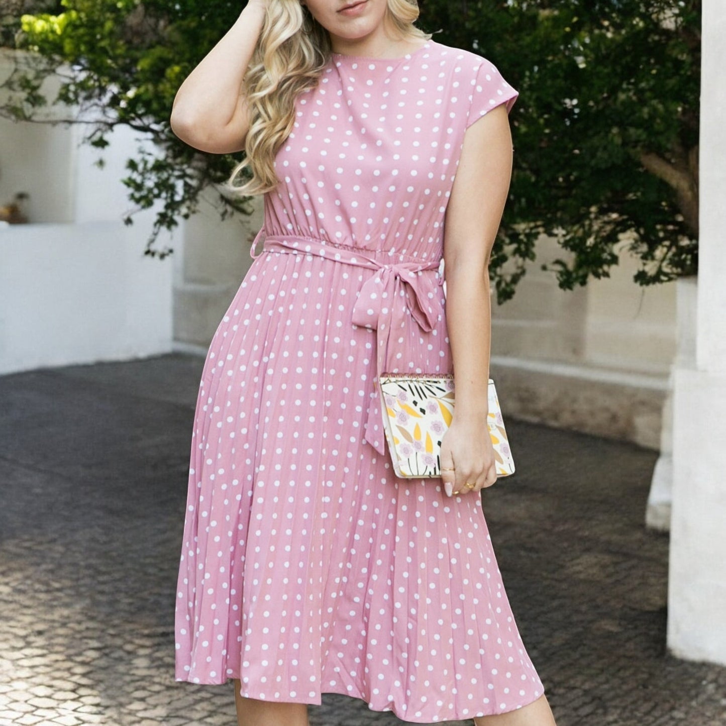 Anna-Kaci Women's Polka Dot Midi Dress with Cap Sleeves Pleated Skirt and Waist Tie Belt