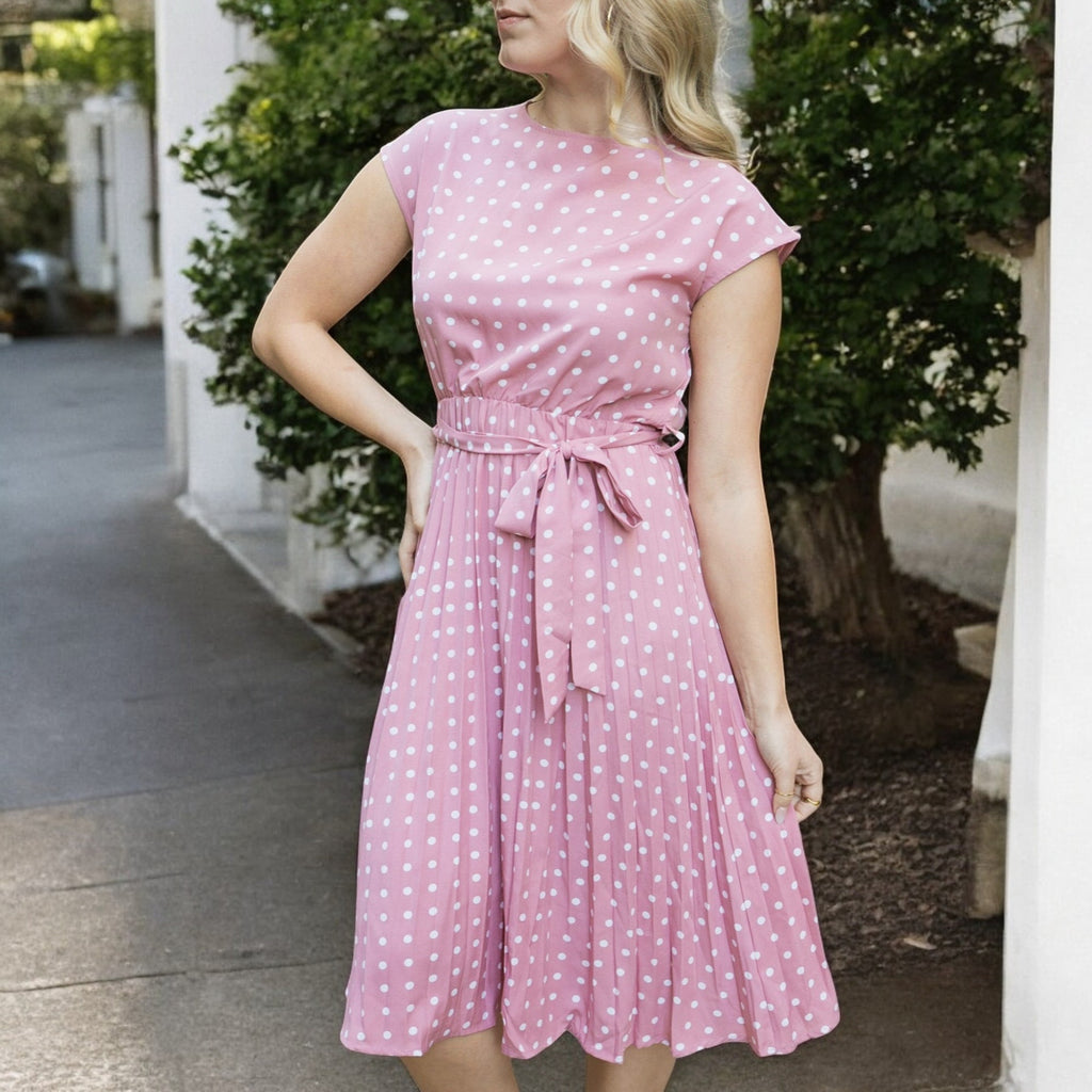 Anna-Kaci Women's Polka Dot Midi Dress with Cap Sleeves Pleated Skirt and Waist Tie Belt
