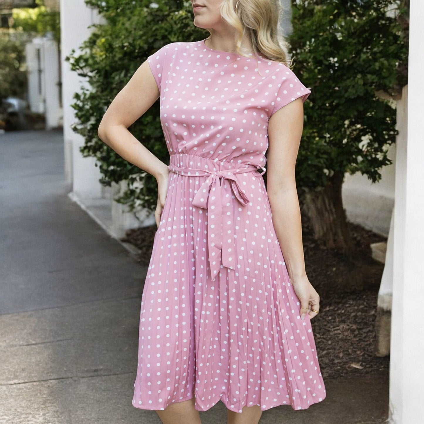 Anna-Kaci Women's Polka Dot Midi Dress with Cap Sleeves Pleated Skirt and Waist Tie Belt