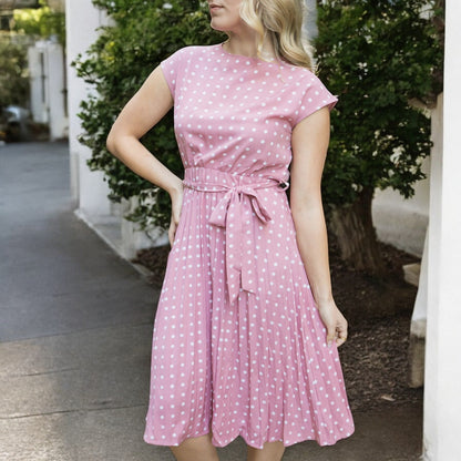 Anna-Kaci Women's Polka Dot Midi Dress with Cap Sleeves Pleated Skirt and Waist Tie Belt