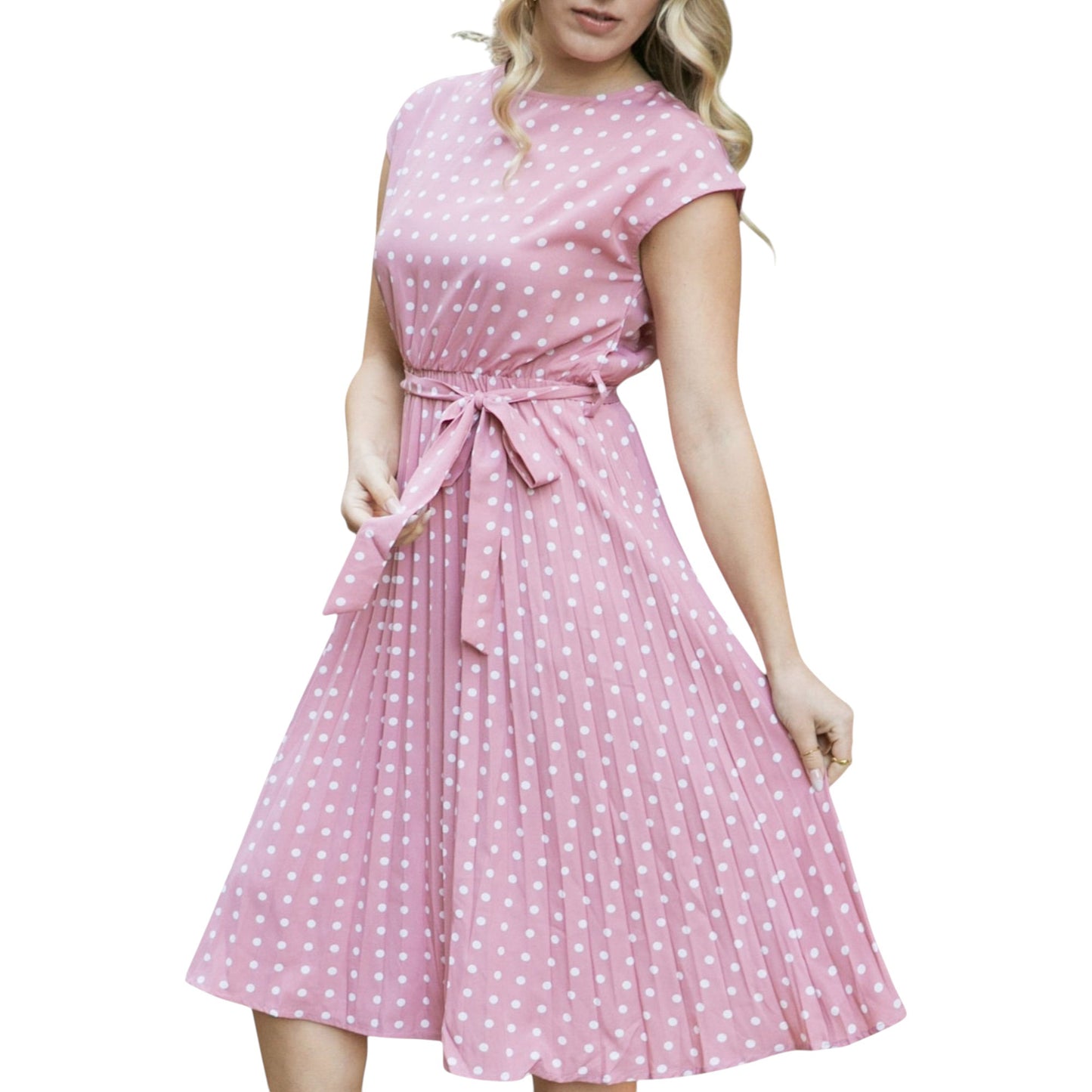 Anna-Kaci Women's Polka Dot Midi Dress with Cap Sleeves Pleated Skirt and Waist Tie Belt