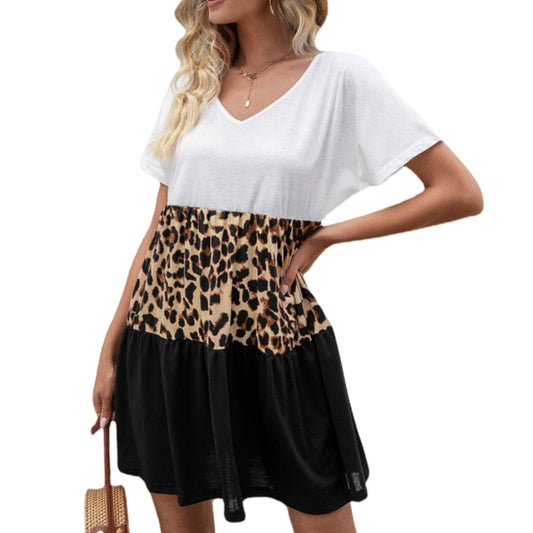 Anna-Kaci Women's Short Sleeve V-Neck Color Block Dress with Leopard Print Waist Detail and Flowy Hem