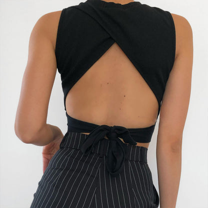 High Neck Open Back Ribbon Tie Cropped Tank