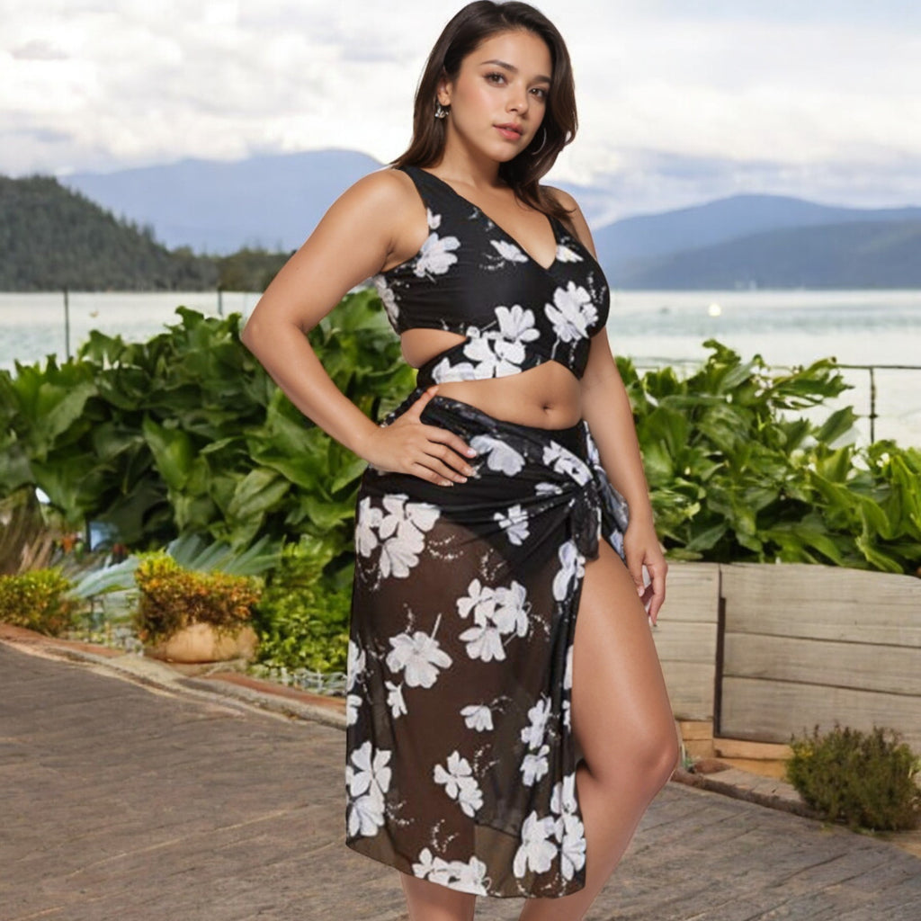 Anna-Kaci Women's Plus Size Floral Bikini 3-Piece Set with Sheer Sarong Cover-Up
