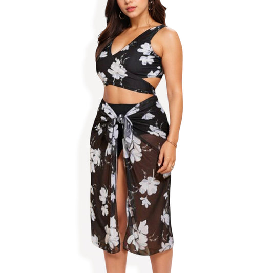 Anna-Kaci Women's Plus Size Floral Bikini 3-Piece Set with Sheer Sarong Cover-Up